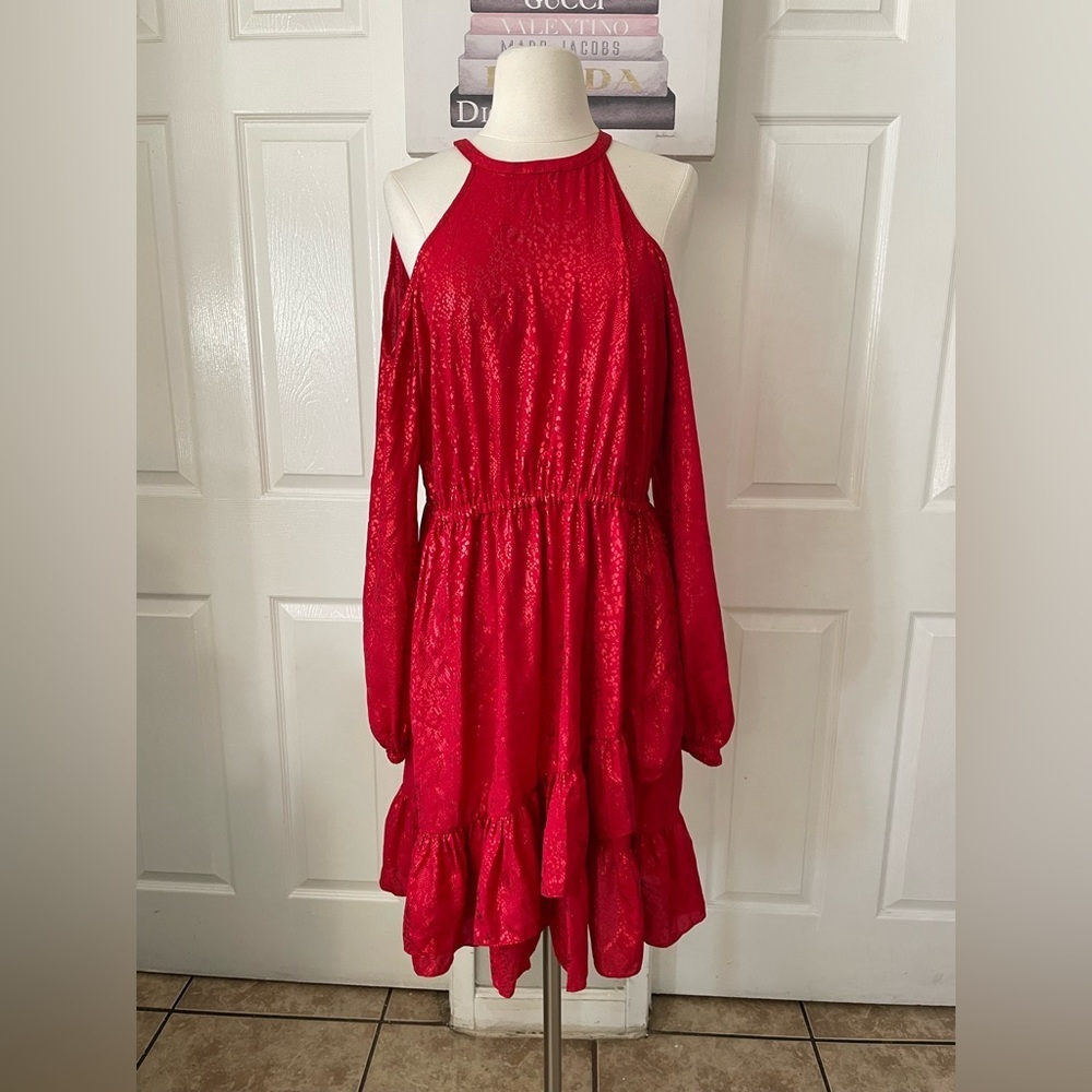 MICHAEL Michael Kors Metallic Snake Print Cold-Shoulder Dress, Size L - Picture 6 of 12